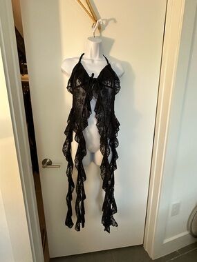 Sheer Ruffle Lace Halter Babydoll - Black